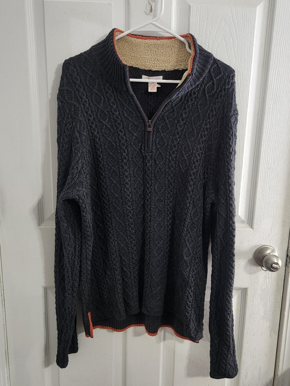 Carbon2cobalt gray  1/4 zip cotton pullover cable knit sweater men M Fisherman